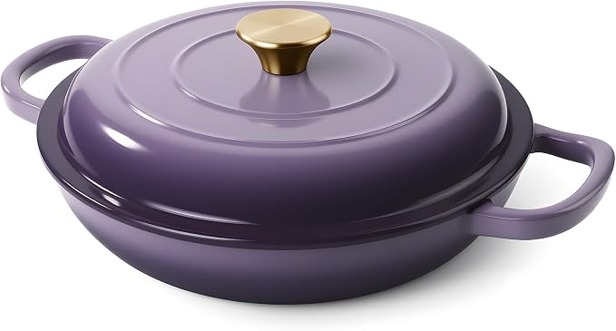 Vintage Style 3 Quart Enameled Cast Iron Braiser, Non Stick Enameled Cast Iron Skillet with Lid, Dutch Oven Skillet with lid up to 500°F for Oven, Stove, Grill, Shallow Dutch Oven for Cook, Bake (Purple)
