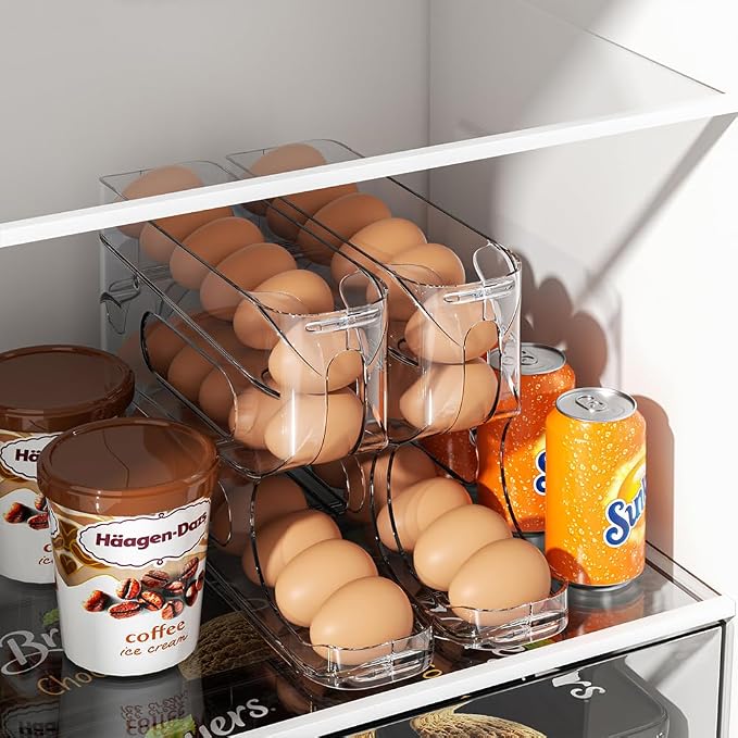 Clear FIFO Egg Holder for Fridge, Egg Dispenser for Eggs 36 Count | 2-Pack Automatic Rolling Egg Organizer for Refrigerator, Space-Saving Egg Roller/Container/Storage for Kitchen Countertop
