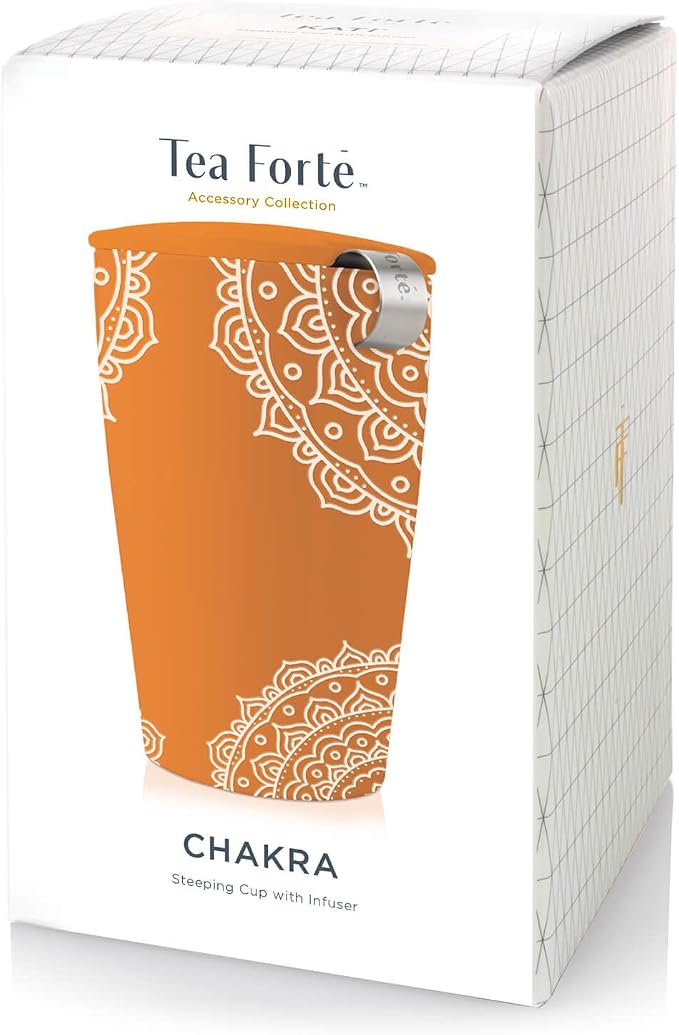 Tea Forte Double-Walled Ceramic Kati Cup, Chakra, 12 oz | Insulated Ceramic - Stainless Steel Loose Leaf Infuser - Keeps Tea Hot Longer - Lid Included - Microwave & Dishwasher Safe