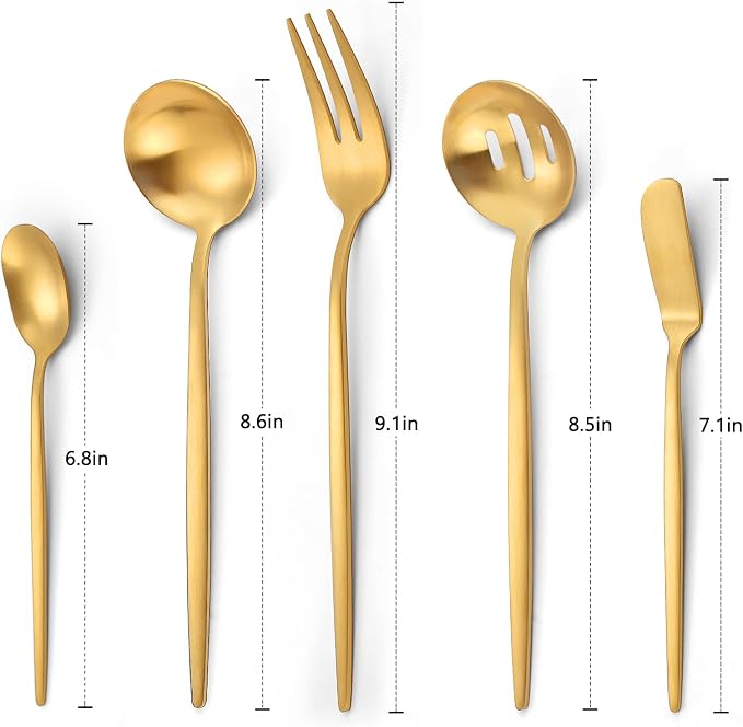 VANVRO Matte Gold Serving Silverware Set, 5-Piece Round Shared Utensils Set of Stainless Steel, Hostess Flatware Serving Set, Satin Finish, Dishwasher Safe
