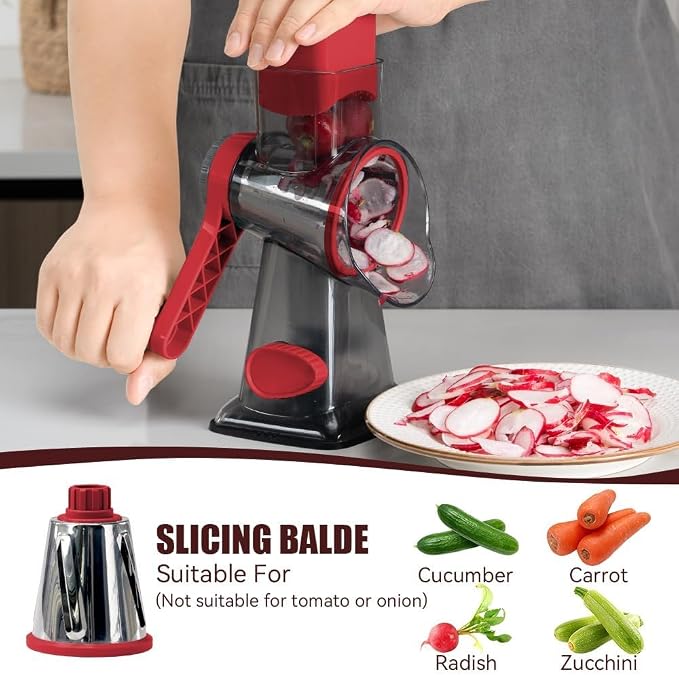 KEOUKE Rotary Cheese Grater Hand Crank Transparent - Shredder Slicer Grinder 3 Stainless Steel Blades, Stable Suction, Labor-Saving Handle, Safe Kitchen Tool for Cheese, Vegetable, Nuts, Chocolate