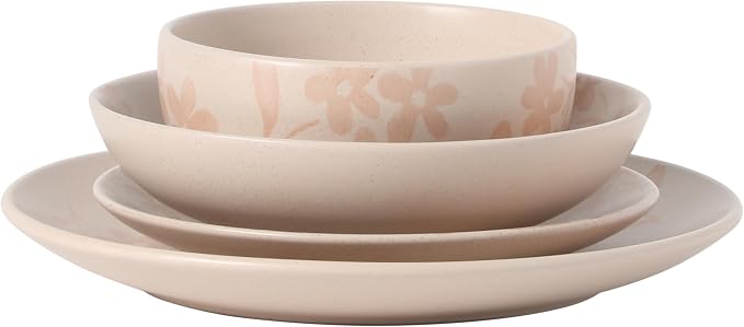 Gibson Home Admiral Hall Plates and Bowls Set, 16-Piece Floral Dinnerware Set, Pink Stoneware Dish Set, Dinner Plates, Salad Plates, Pasta Bowls & Cereal Bowls