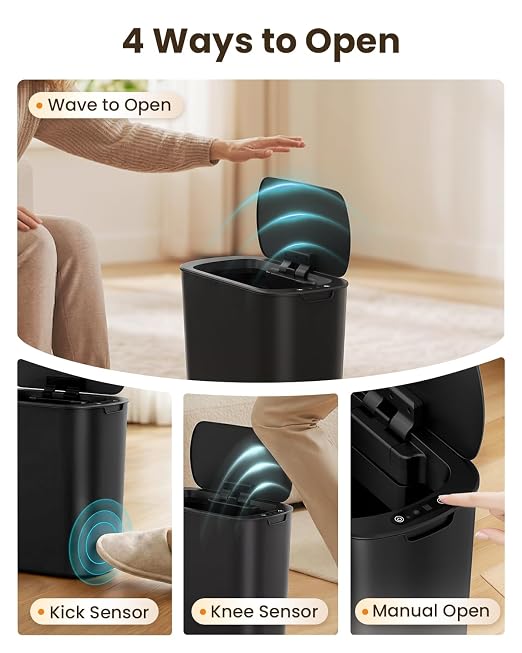 Cesun 5 Gallon Automatic Bathroom Trash Can with Lid, Black, Touchless | Motion Sensor, Slim, Small Smart Garbage Bin, Plastic, Battery Operated, Manual Button, for Office/RV/Bedroom/Living Room