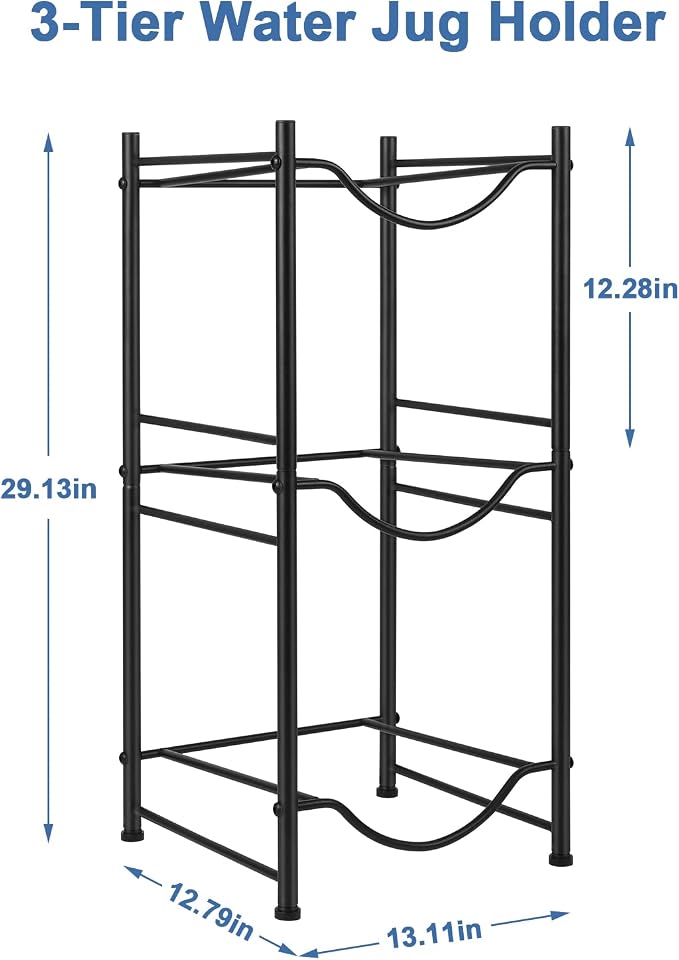 smusei 5 Gallon Water Bottle Jug Holder 3 Tier Heavy Duty Cooler Jug Storage Rack Detachable Bottle Organizer Shelf for Home Kitchen Office Space Save, Black