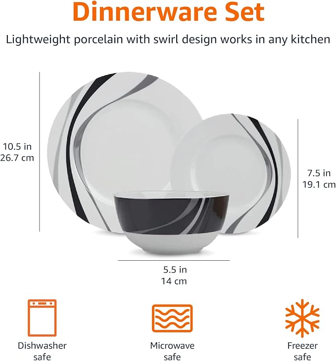 Amazon Basics 18-Piece Complete Kitchen Dinnerware Set, Microwave and Dishwasher Safe, Plates, Dishes, Bowls, Swirl, Heat Resistant, Service for 6, Everyday Use