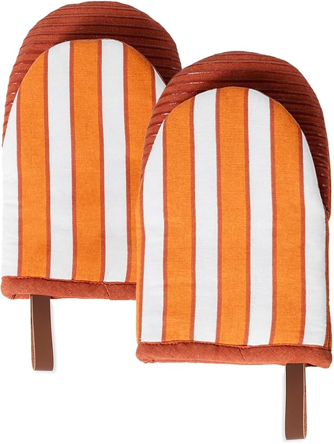 Folkulture Fall Oven Mitts, Striped Rust & White, Set of 2 - (5.75"x9") | 100% Cotton, Non Slip, Silicone, Cute Striped Mini Mits with Hanging Loop, Fall Kitchen Décor, Cooking Gifts, Baking
