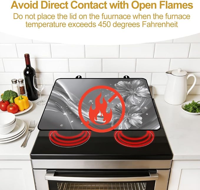 Silver Flower Stove Top Cover 28x20 Inch Decorative Glass Stove Cover | Heat Resistant Cooktop Protector Mat with Non-Slip Backing, Scratch Protection and Countertop Drying Mat.