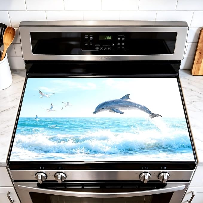 Ocean Dolphin Jumping Coastal Stove Top Cover 28.35x20.47in Beach | Ocean dolphin jumping coastal stove top cover 28.35x20.47 in; beach kitchen cooktop mat dishwasher safe machine washable