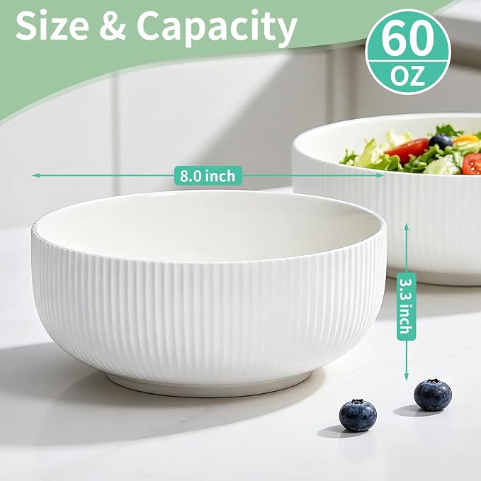 DANALLAN Salad Bowl, 2Pcs Mixing Bowls Set 8 inch 60 oz Large Ceramic Pasta Serving Soup Ramen Bowl for Kitchen Dishwasher and Microwave Safe