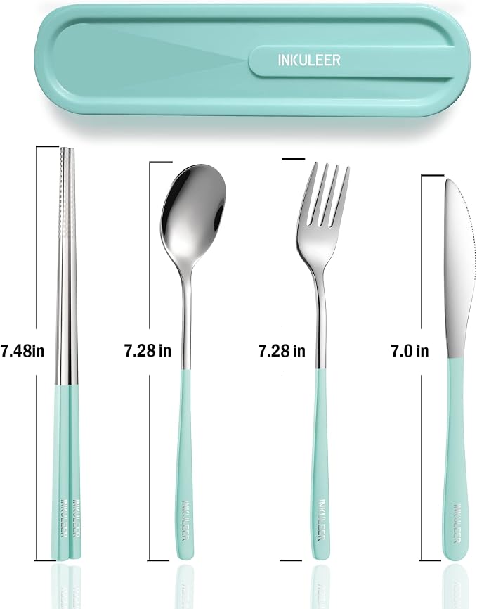 iNKULEER Travel cutlery set, 18/8 stainless steel cutlery, Reusable utensils set with case, Portable Silverware Lunch Box for Camping and Office