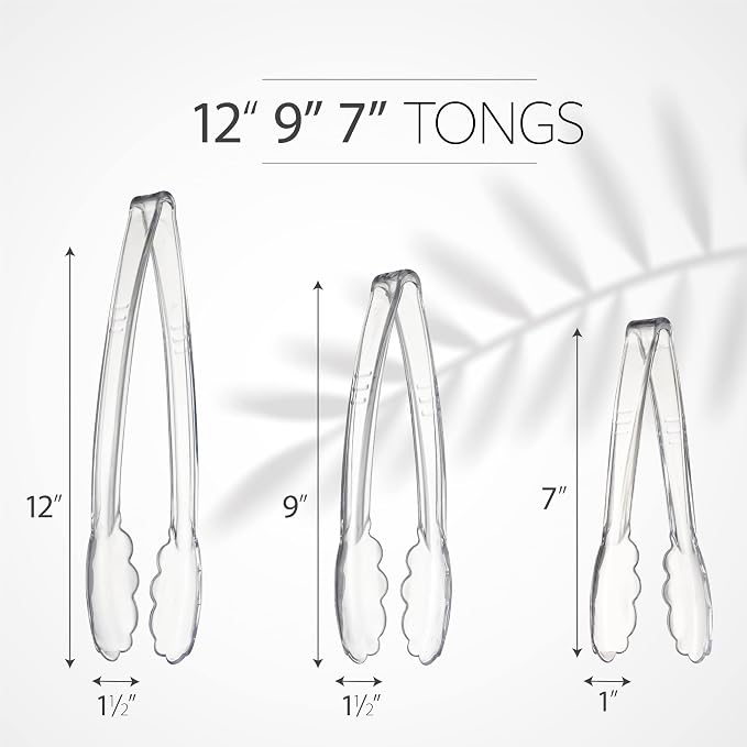 PlasticPro Clear Serving Tongs Combo Set - 4 Each of 7.5'', 9'', 12'' Heavy Duty Reusable Kitchen and BBQ Tongs for Parties, Caterings, Events, Buffet, Weddings - Pack of 12