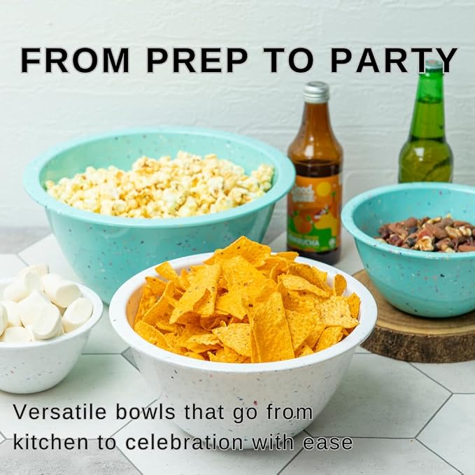 Confetti Melamine Mixing Nesting Bowls Set, 4 Piece 18oz to 4qt Mint | Colorful Kitchen Bowls (18oz, 1.25QT, 2.5QT, 4QT) - BPA-Free, Dishwasher Safe, Space-Saving