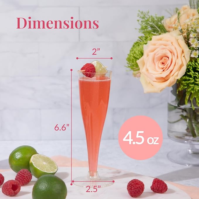 Prestee 100 Gold Plastic Champagne Flutes - 4.5 oz Disposable Champagne Glasses for Toasting at Weddings, Mimosas, Cocktails, Great Gatsby Party Decorations, and Events