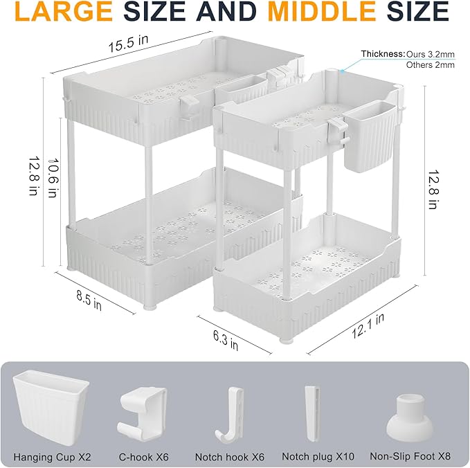 2-Pack Under Sink Organizer with Hooks & Hanging Cup for Kitchen | Multi-use kitchen & bathroom storage, 12.8 inch white cabinet organizer, with hooks and hanging cup for easy access.