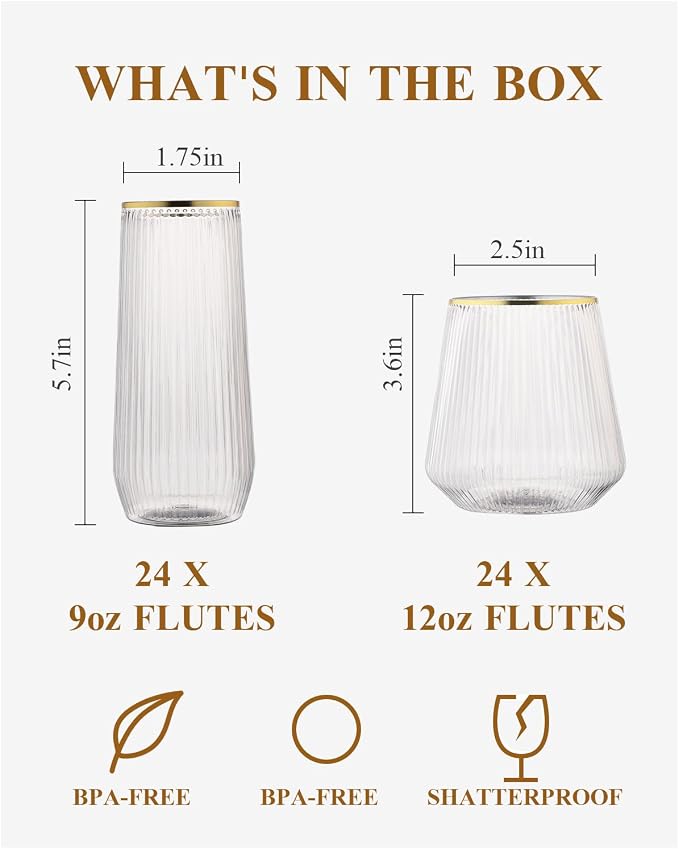 BESTSTAR 48Pack Gold Rim Disposable Ribbed Origami Ripple Plastic Glasses | 24 9 OZ Stemless Champagne Flutes & 24 12OZ Cups, BPA-Free Shatterproof Clear Drinkware for Weddings, Parties & Events
