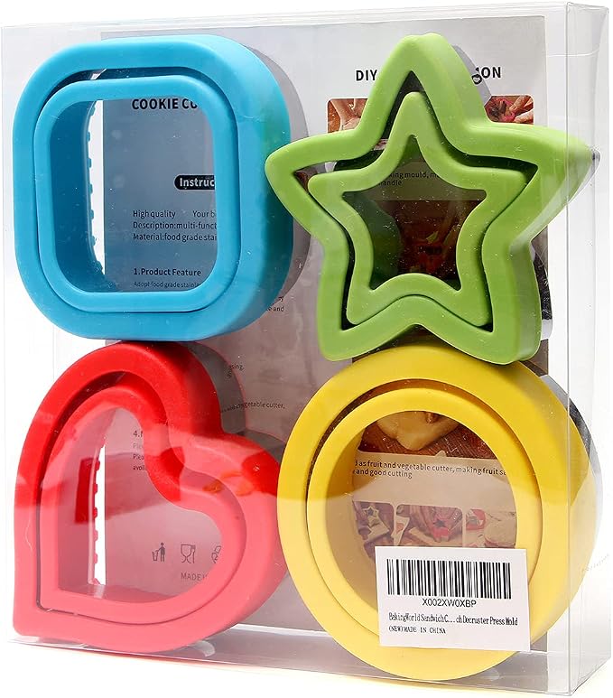 BakingWorld Sandwich Cutter and Sealer,Set of 4 Bread Sandwich Decruster Pancake Maker DIY Cookie Cutters for Kids Bento Box,Round Heart Star Square Shapes Sandwich Decruster Press Mold