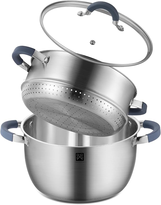 GOLDEN KEY 5.6 QT Steamer Pot with Lid,2-Tier Multipurpose 18/8 Steamer for Cooking with Vegetable Steam Basket for Vegetable,Soup, Seafood,Dumplings,Oven & Dishwasher Safe