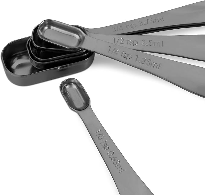 6-Piece 18/8 Stainless Steel Measuring Spoons Set, Dark Gray | Six Engraved US and Metric Sizes From 1/8 TSP to 1 Tbsp Fit Narrow Spice Jars and Stay Together On an O-shaped Ring