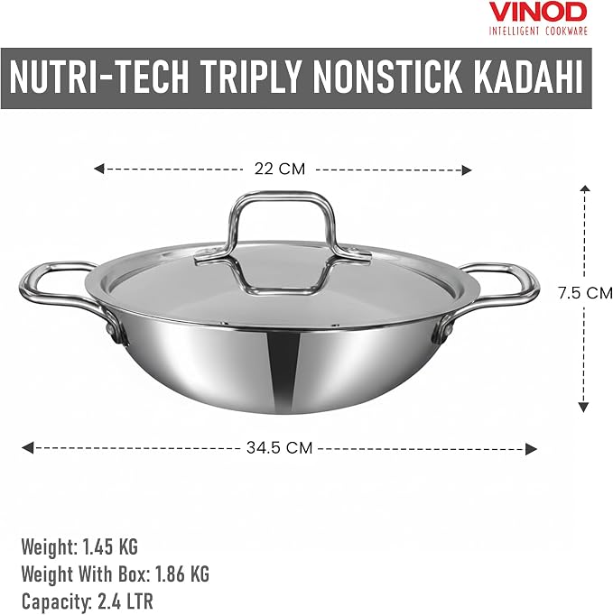 Vinod Nutri-Tech Triply Non Stick Kadai for Indian Cooking (22 cm Diameter, 2.4 Litres Capacity) | Scratch Resistant Kadhai for Deep Frying | Multipurpose Indian Cookware | Includes Lid