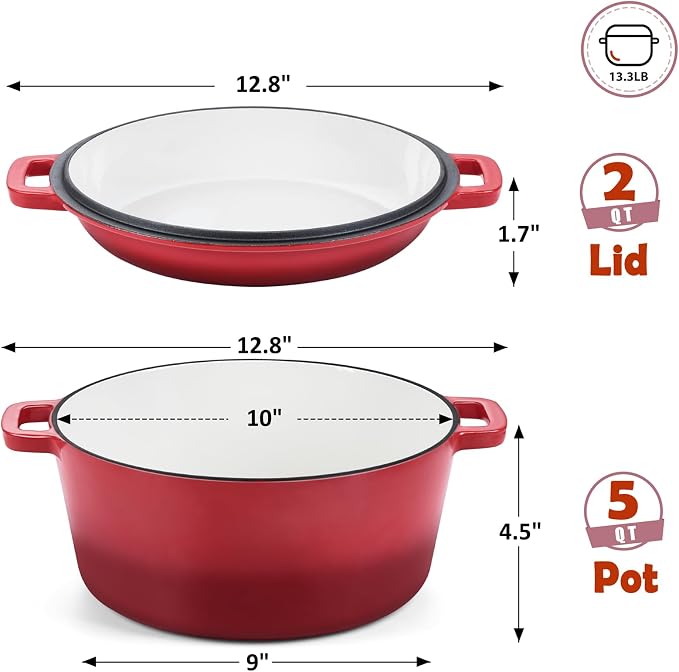 TeamFar 5qt Dutch Oven, Pre-seasoned Cast Iron for Bread Baking, Red | 2-in-1 Bread Pan with Skillet Lid, Oven & Stovetop Safe for Baking Frying Stewing Grilling, Home Use Or Outdoor Camping