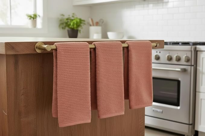 Peach Coral Salmon Kitchen Dish Towels, Set of 3, 100% Cotton, 18" x 28" | Terry Loop Ribbed Textured, Soft & Absorbent Cleaning Cloth, Quick Dry, Multipurpose for Everyday Use