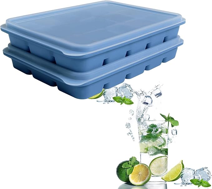 Tvmania Ice Cube Trays Set of 2, 15-Cube Silicone Molds with Removable Lids | Stackable, easy release, BPA-free, reusable, for freezer and whiskey