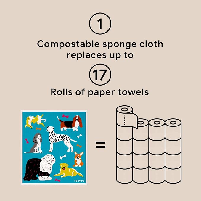 RECYCO Swedish Dishcloths for Kitchen | 6 Pack Doggy Daydreams Washable Dish Rags | Cellulose Reusable Cleaning Paper Towels | Absorbent Counter Dish Cloth Sponge Kitchen Wipes, 8" L x 7" W