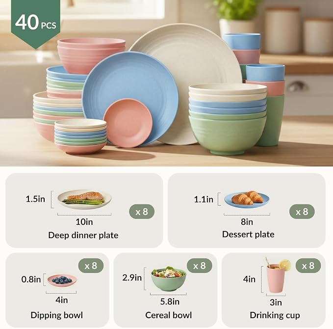 40-Piece Dinnerwave Set Service for 8 Unbreakable Kitchen Plates and Bowls Sets - Dinner Plates, Dessert Plates, Soup Bowls, Cup Set, Soy Sauce Dish Microwave & Dishwasher Safe (Light Multi)