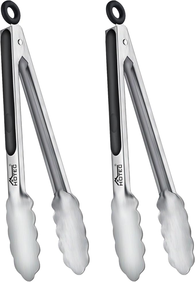 Hotec Stainless Steel Kitchen Tongs, Locking Metal Food Tongs for Cooking, Serving, BBQ, Grill & Air Fryer with Non-Slip Grip, Set of 2-9"