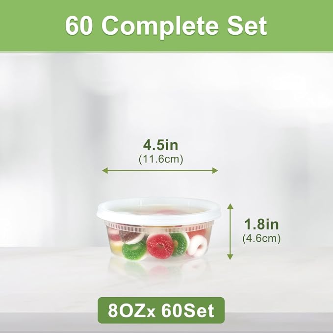 Dipoo 60 Sets (120-Piece) Deli Containers with Lids 8 oz | Leak-Proof & BPA Free Airtight Takeout Plastic Food Storage Containers for Soup, Freezer/Microwave/Dishwasher Safe