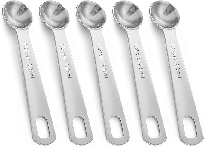 5PCS 1/2 Teaspoon Measuring Spoon, 4.5 Inch Stainless Steel 1/2 Teaspoon Scoop Short Handle for Precise Cooking & Baking (Silver, 2.5ml)