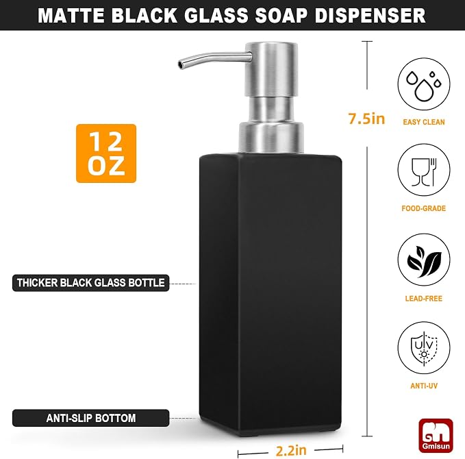 GMISUN Black Soap Dispenser Bathroom, Glass Hand Soap Dispenser with Stainless Steel Pump, 12 fl oz/350ml Refillable Dish Dispensers for Kitchen, Modern Liquid Lotion Bottles for Bathroom Countertop