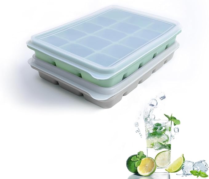 Tvmania Ice Cube Trays Set of 2, 15-Cube Silicone Molds with Removable Lids | Stackable, easy release, BPA-free, reusable, for freezer and whiskey