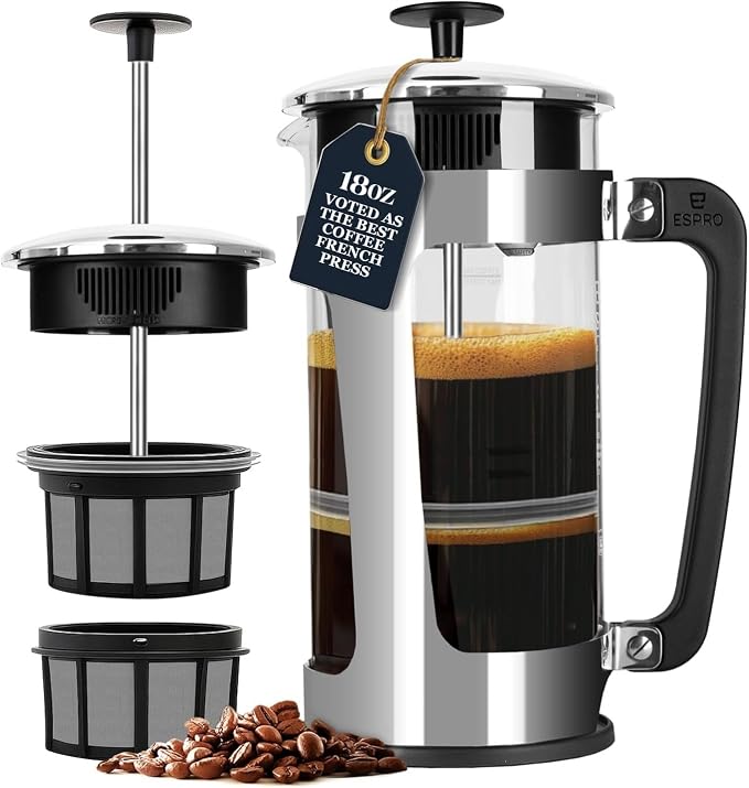 ESPRO P5 French Press Coffee Maker, 18oz, Polished, Stainless Steel Press | Double Filter Coffee Press, Thicker Borosilicate Heat Resistant Glass french press, Tea Press, Easy Coffee Brewer, Tea Brewer