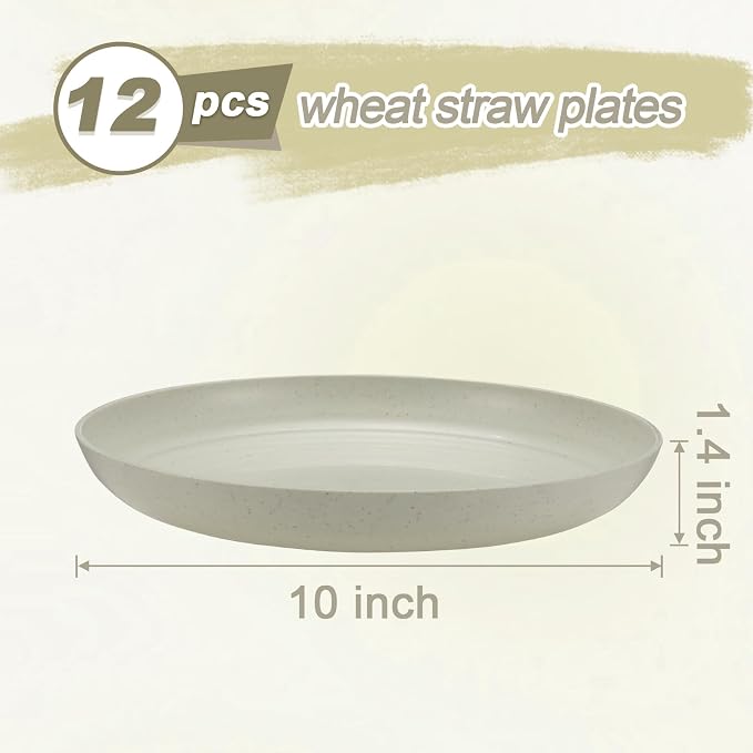 HEYCOME 12 Pcs Unbreakable Deep Dinner Plates Set, 10 inch Reusable Plastic Wheat Straw Plates, Microwave and Dishwasher Safe Plate for Kitchen, Lightweight Plate for Dessert, BPA Free, Beige
