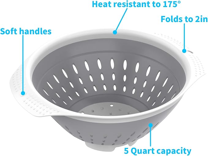 5 Quart Collapsible Colander，BPA Free，Dishwasher Safe，Silicone Food Strainer with Plastic Handles，Heavy Duty Foldable Heat Resistant Pasta and Veggies Kitchen Drainer Steam Basket，Gray