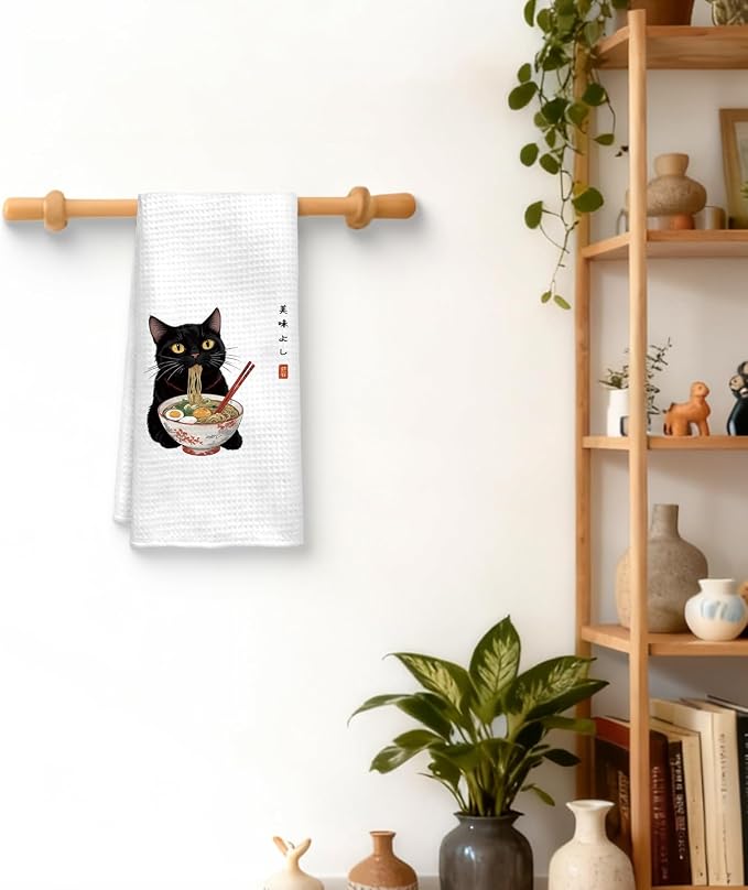 Funny Black Cat Kitchen Towel, Sushi Cat Lover Gifts Dish Towel, Japanese Ramen Noodles Sushi Black Kitty Decorative Hand Towel 16x24 Inch(B)