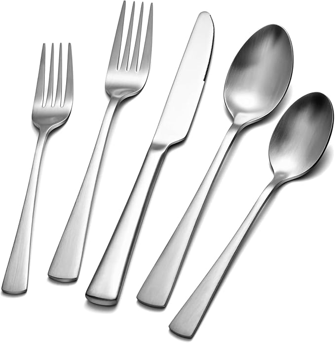 18/10 Flatware set for 12, 60 Piece Matte Stainless Steel Silverware Set | KINGSTONE Forged Flatware Cutlery Set, Mirror Polished Knives Fork and Spoon Utensils, Dishwaher Safe for Home Wedding Party