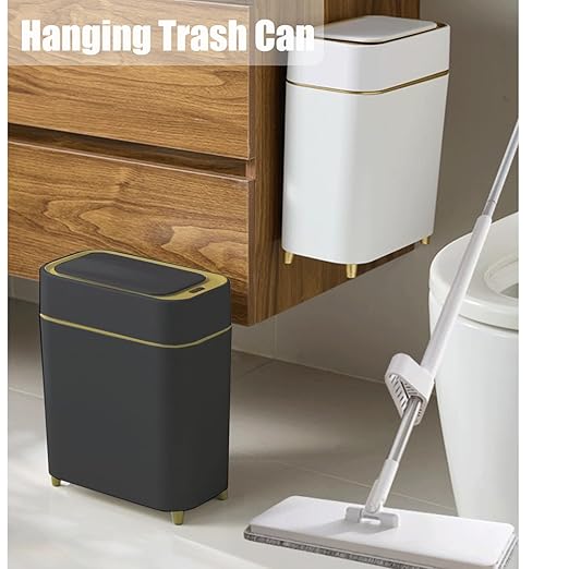 Automatic Bathroom Trash Can with Touchless Lid - Motion Sensor Trash Can | Bathroom, Bedroom, Kitchen, Laundry room, Small Spaces - Slim Smart Trash Bin - Black with Gold Edge, 1Pack