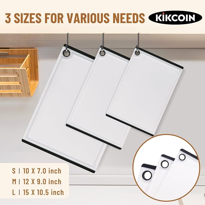 Kikcoin Plastic Cutting Boards for Kitchen, 3-Piece Large Cutting Board Set Dishwasher Safe Chopping Boards with Non-slip Feet and Juice Grooves, White