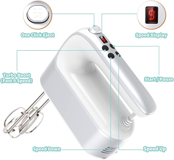 Yomelo 9-Speed Digital Hand Mixer Electric, 400W Powerful DC Motor, Hand Mixer Electric Handheld with Snap-On Storage Case, 5 Stainless Steel Accessories, Beaters, Dough Hooks, Whisk(Silvery White)