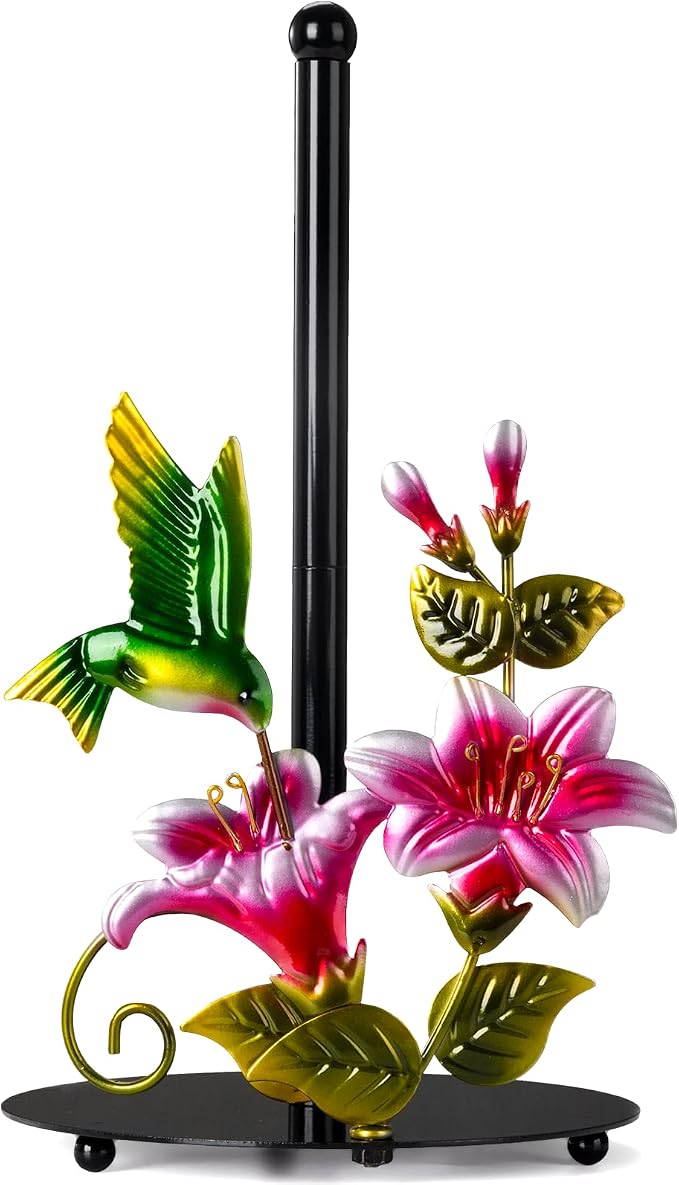 Flower & Hummingbird Paper Towel Holder Countertop for Kitchen | Decorative Farmhouse Kitchen Accessory, Hummingbird Housewarming Gifts for Women Mom bird lovers, Handmade with Weighted Base