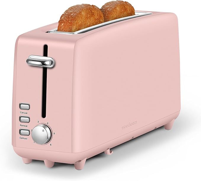 SEEDEEM Stainless Steel Toaster 2 Slice Slim, 10" Single Long Slot, Pink | 6 Shade Settings, Extra Wide Slot Fits Bagels & Artisan Bread, Defrost, Cancel Function, Removable Crumb Tray