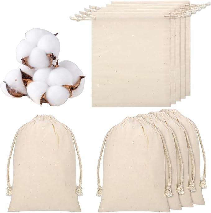 10-Pack 7.8” x 9.5” Reusable Muslin Bags with Drawstrings, Muslin Bags with Drawstrings for Shopping & Storage, 100% Natural Cotton, Washable, Biodegradable