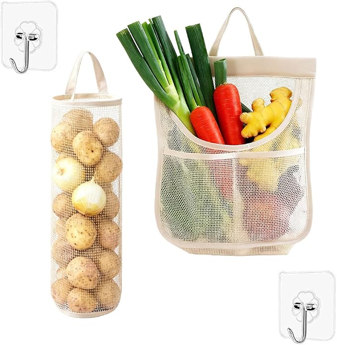 Reusable Breathable Hanging Storage Mesh Bags, Onion Bags Mesh Garlic Net Bag, Washable Kitchen Storage Holder Bag for Potatoes, Onions, Garlics, Vegetables, Fruit (1)