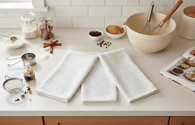 White Kitchen Hand Dish Towels, Set of 3, 100% Cotton, 18" x 28" | Terry Loop Textured, Soft & Absorbent Cleaning Cloth, Quick Dry, Multipurpose for Everyday Use