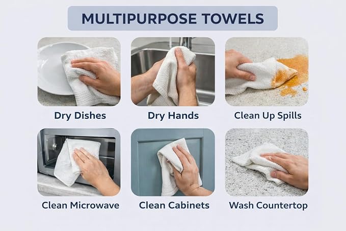 White Kitchen Hand Dish Towels, Set of 3, 100% Cotton, 18" x 28" | Terry Loop Textured, Soft & Absorbent Cleaning Cloth, Quick Dry, Multipurpose for Everyday Use