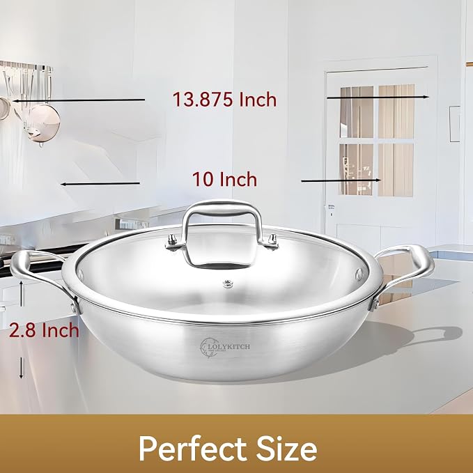 LOLYKITCH 10-Inch Stainless Steel Wok with Lid | 2.5-Quart | Dual Handles | Small | Uncoated Tri-Ply Stir Fry Pan | Everyday Cooking Wok for Induction | Flat Bottom | PFOA-FREE | 1-2 Servings ﻿