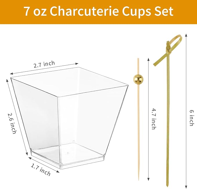 50 Sets 7 oz Plastic Charcuterie Cups with 200 Sticks, Square Appetizer Cup with Cocktail Picks Mini Party Serving Cups for Fruit, Snack, Dessert