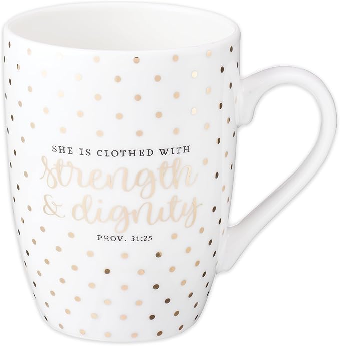 Christian Art Gifts Inspirational Novelty Ceramic Coffee & Tea Scripture Mug for Women: Strength & Dignity Encouraging Bible Verse Proverb, Gold Polka Dots, Lead & Cadmium-free Non-toxic Cup, 12 oz.